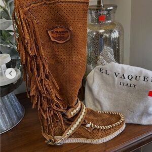 El Vaquero 80s Brown Suede Fringe  Boots size 36‎ Pull on Knee High